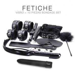 KIT VIBRO Y 10 PIEZAS BONDAGE SET NEGRO-0