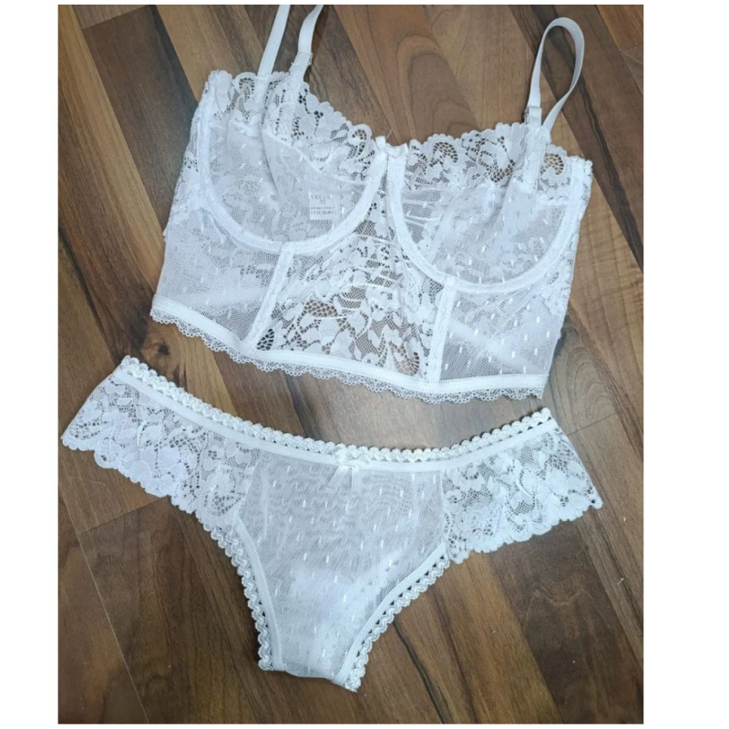 CONJUNTO DE ENCAJE - CORSETE Y LESS -  BLANCO