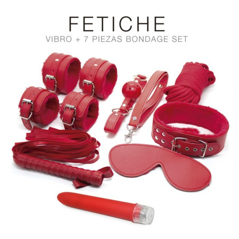 KIT VIBRO Y 7 PIEZAS BONDAGE SET ROJO